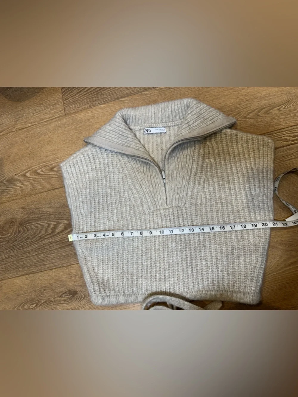Zara Cream Ribbed Cropped Turtleneck Zip Sweater wool blend with tie waist - Picture 4 of 10
